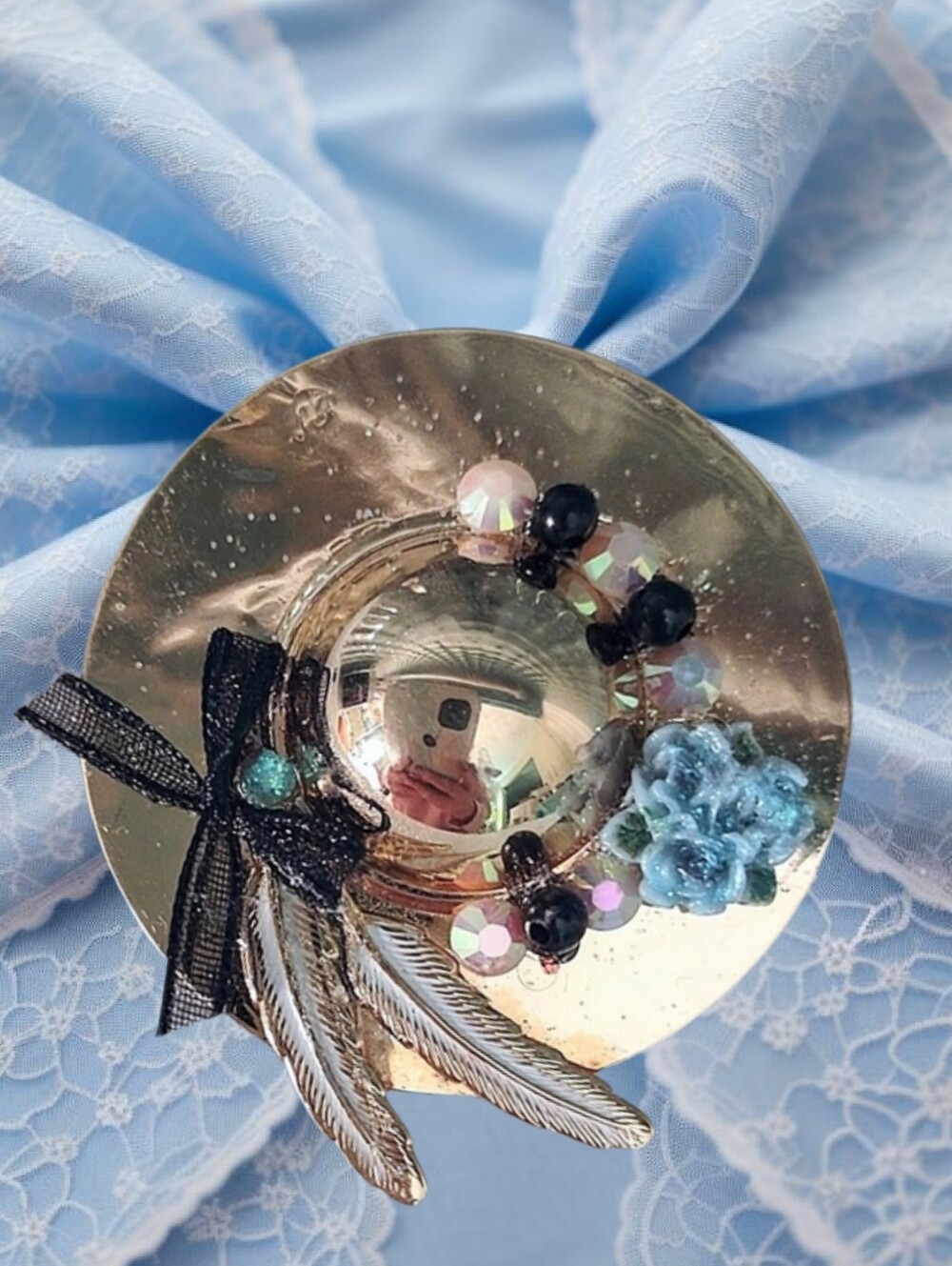 Vintage Upcycled Gold Hat w/ Feathers & Flowers